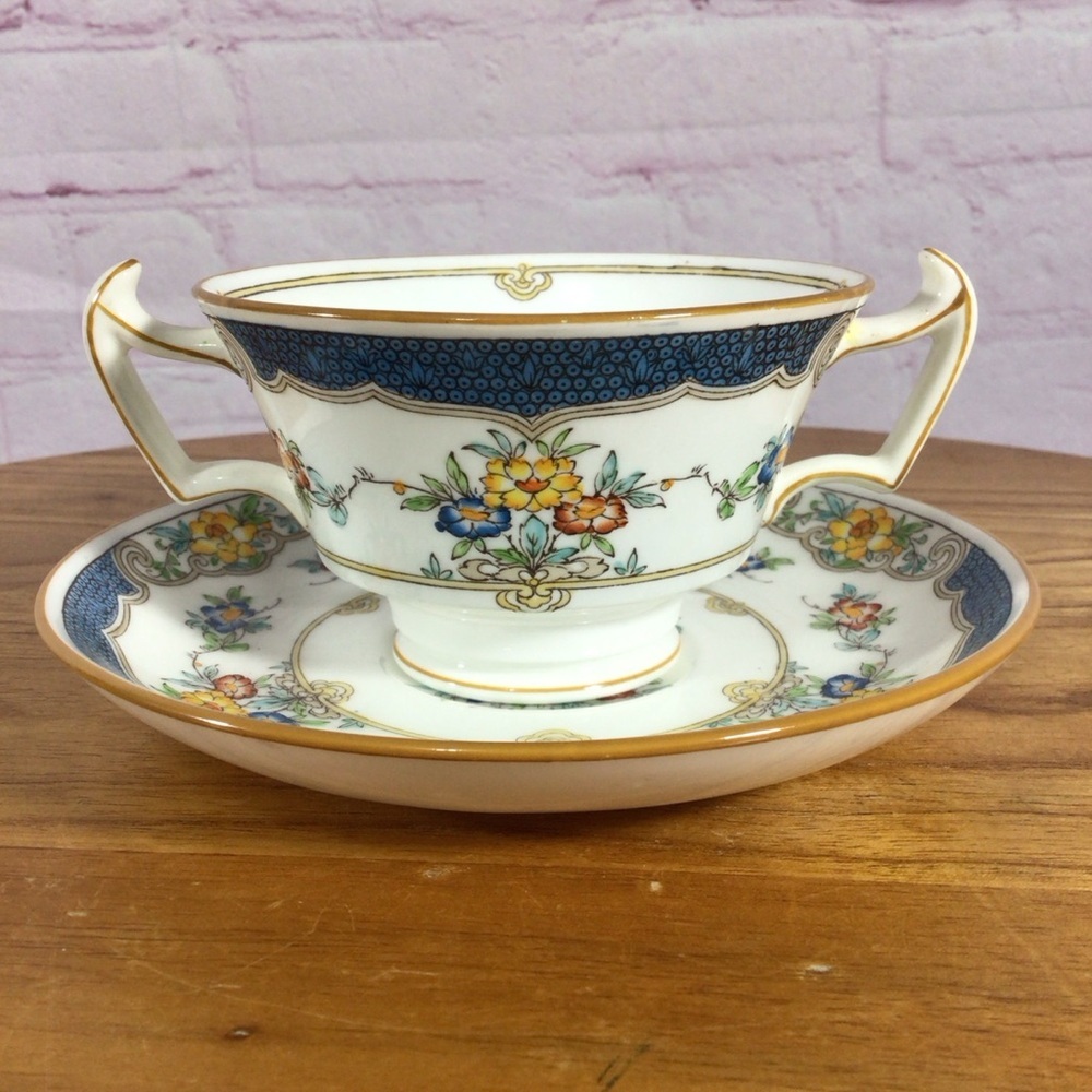 Vintage Minton Isis Blue Double Handled Footed Soup Bowl and Saucer Set